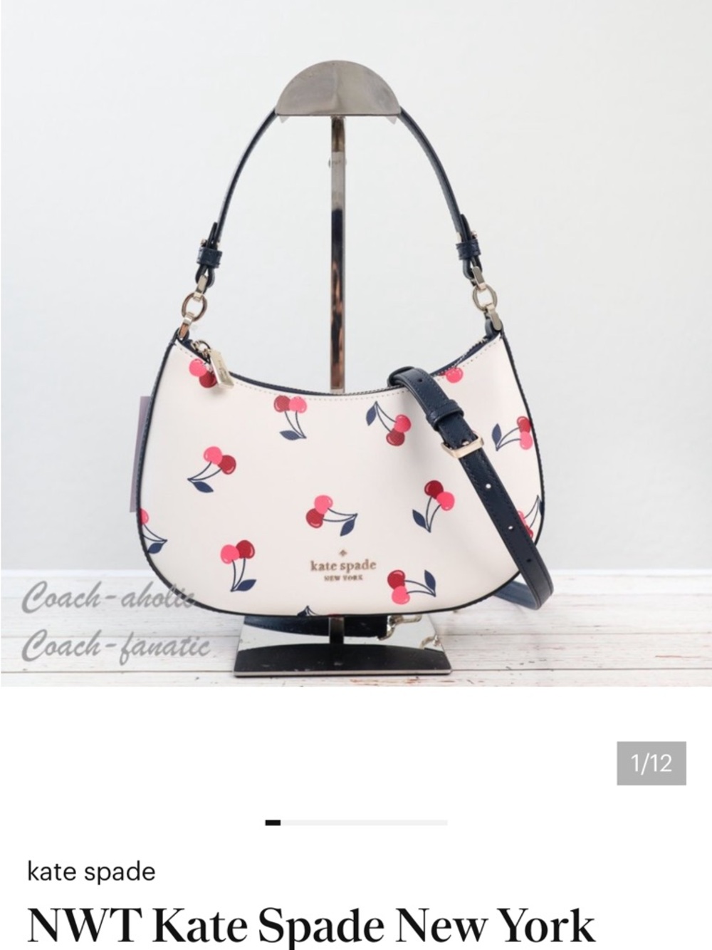 kate spade Cherry Print Cream Shoulder Bag with Navy Trim